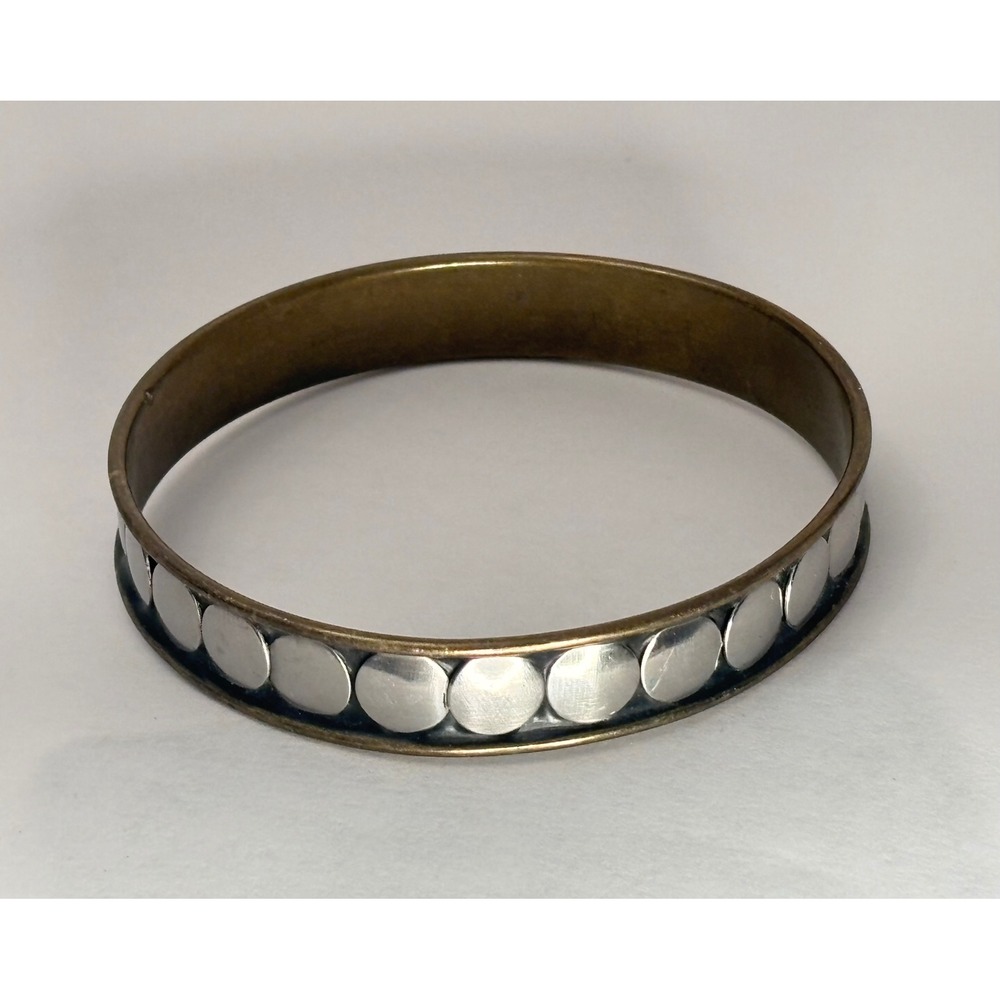 1970s Brass Mixed Metal Boho Bangle Bracelet Silver Tone Disc Studded 8 Inch